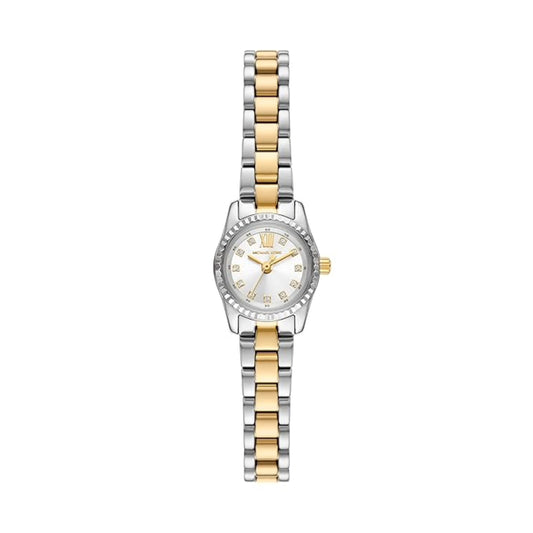 Two-tone watch with silver and gold bracelet on a white background