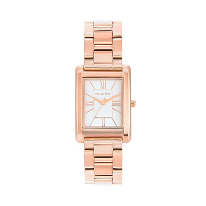 Rose gold watch with a white face on a white background