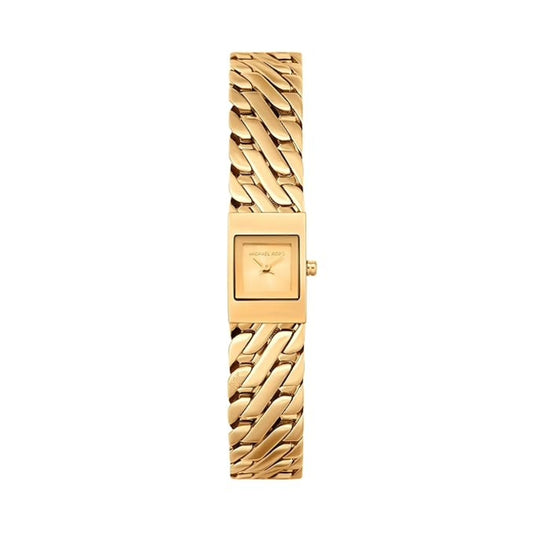 Gold watch with a rectangular face on a white background