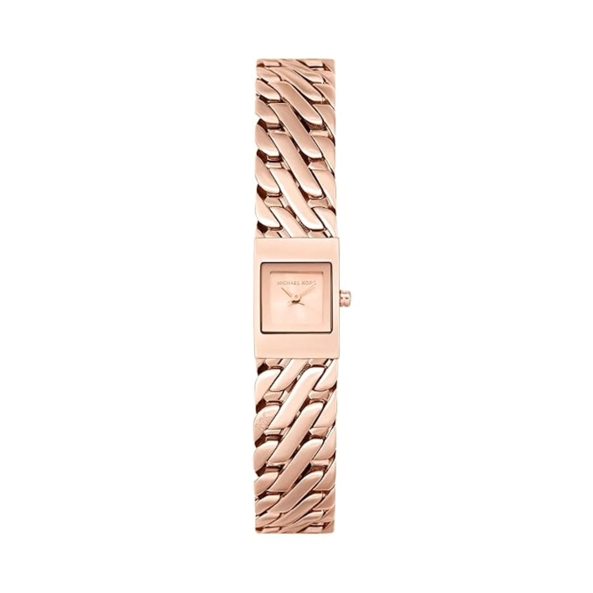 Rose gold watch with a braided strap on a white background