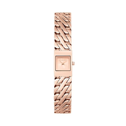 Rose gold watch with a braided strap on a white background