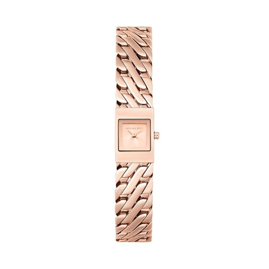 Rose gold watch with a braided strap on a white background