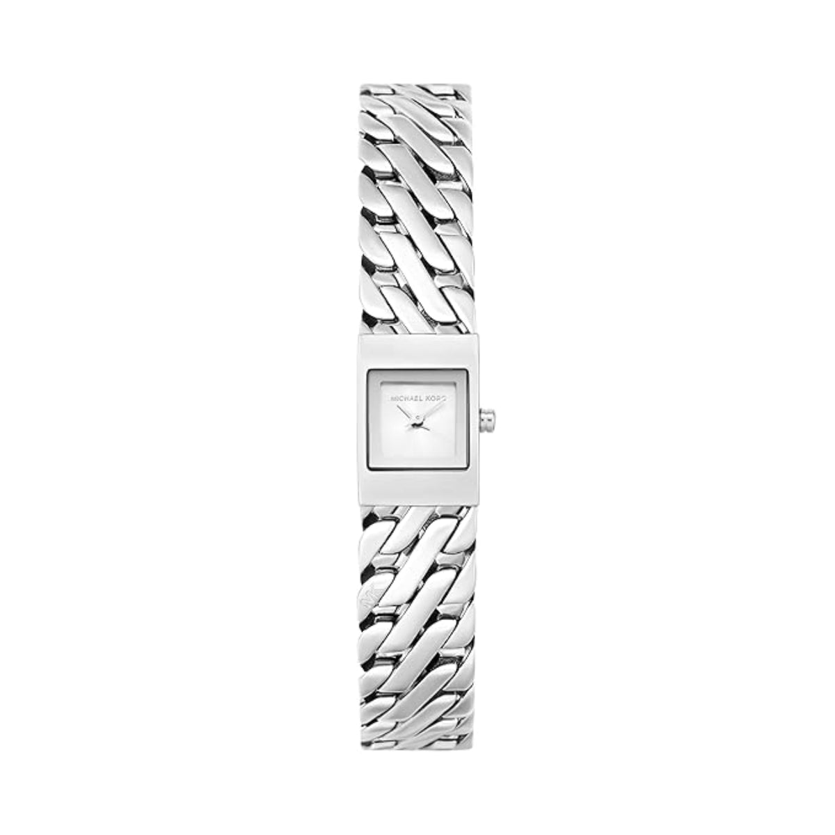Silver watch with braided strap on a white background