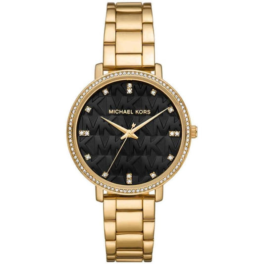 Gold watch with black face and diamond accents on a white background