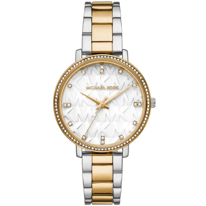 Two-tone watch with gold and silver bracelet on a white background