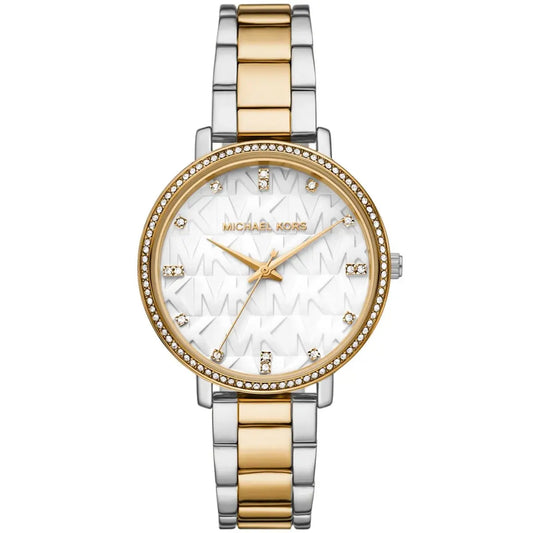 Two-tone watch with gold and silver bracelet on a white background