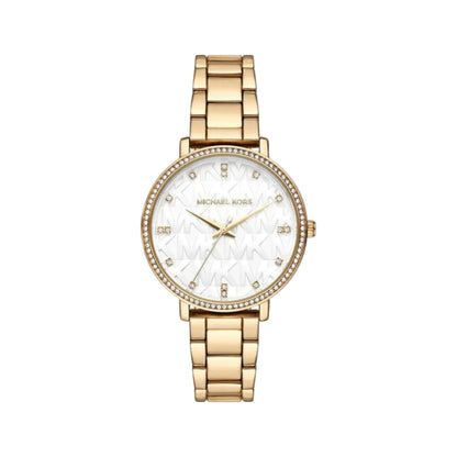 Gold watch with a white face on a light gray background