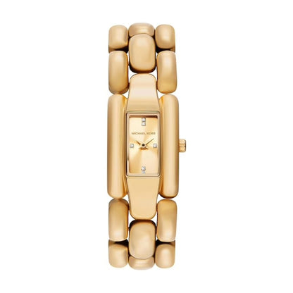 Gold watch with a unique bracelet design on a white background