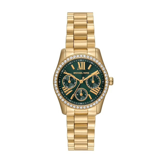 Gold watch with a green face on a white background