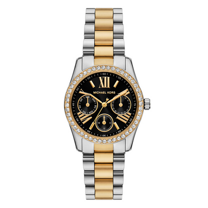 Two-tone watch with black dial and gemstone accents on a white background