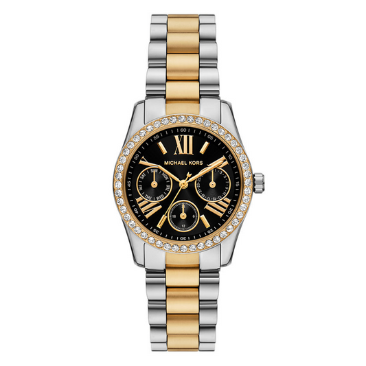 Two-tone watch with black dial and gemstone accents on a white background