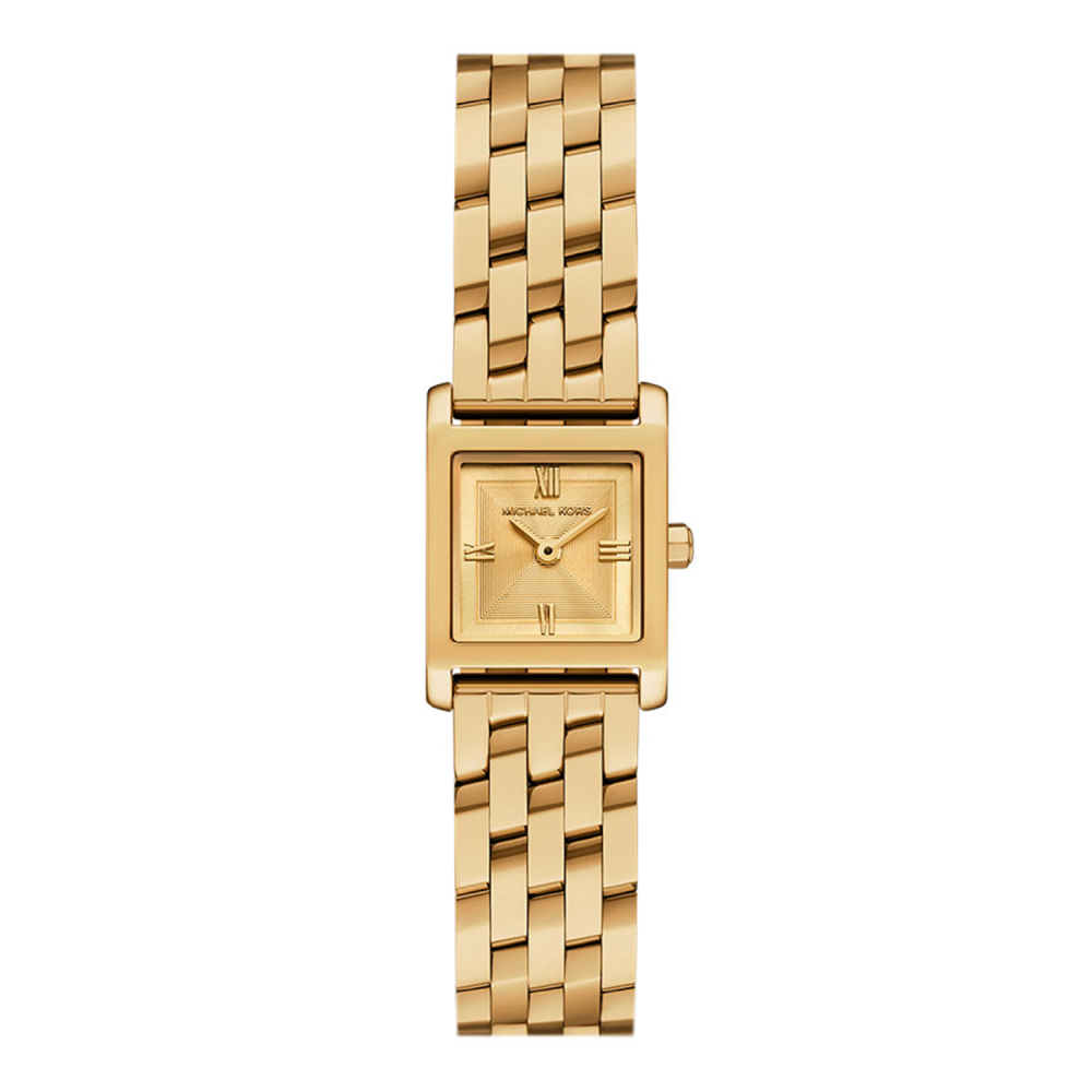 Gold watch with a square face on a white background