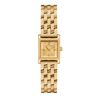 Gold watch with a square face on a white background