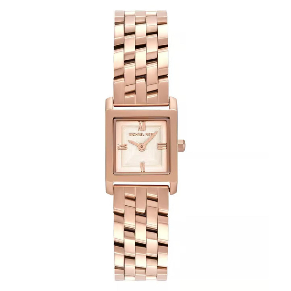 Rose gold watch with a square face on a white background
