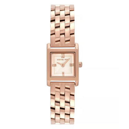 Rose gold watch with a square face on a white background