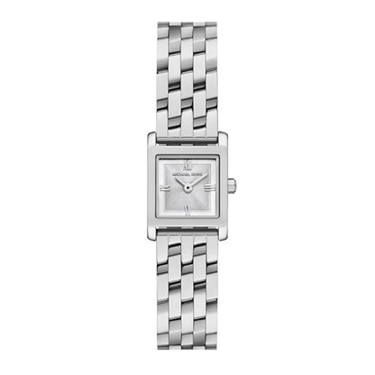 Silver watch with a woven metal strap on a white background