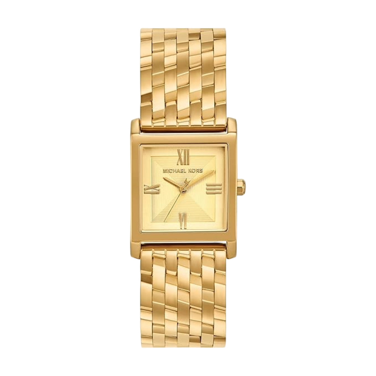 Gold watch with a rectangular face on a white background