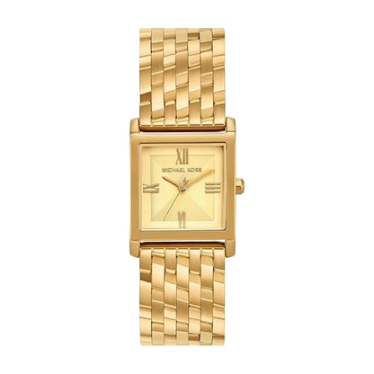 Gold watch with a rectangular face on a white background