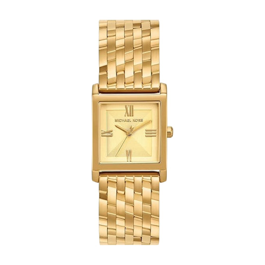 Gold watch with a rectangular face on a white background