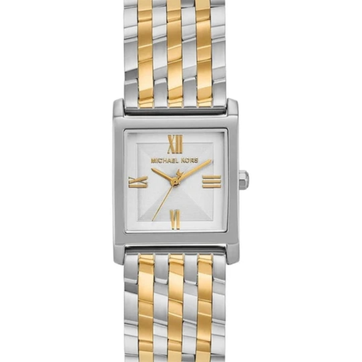Two-tone watch with gold and silver band on a white background