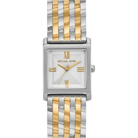 Two-tone watch with gold and silver band on a white background