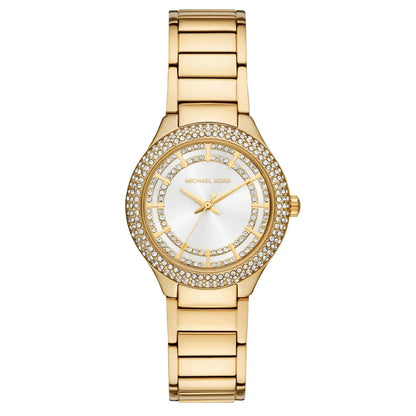 Gold watch with a white face on a white background