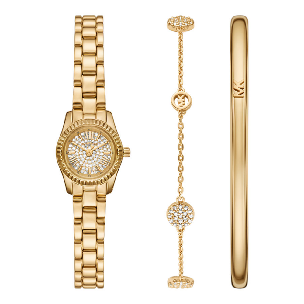 Gold watch, bracelet, and bangle set on a white background