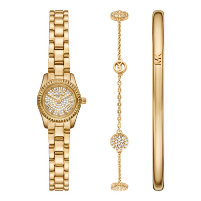 Gold watch, bracelet, and bangle set on a white background