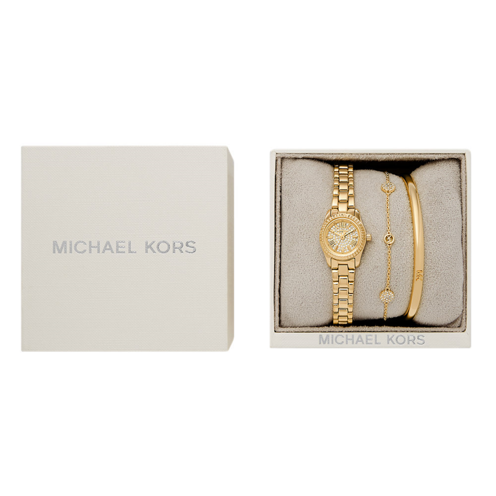 Gold watch and bracelet set in a Michael Kors box on a white background