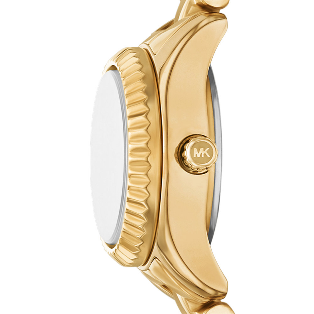 Gold watch with a visible brand logo on a white background