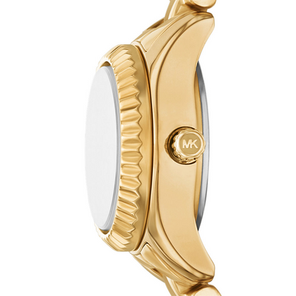 Gold watch with a visible brand logo on a white background
