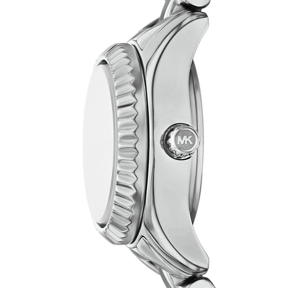 Silver watch with Michael Kors logo on a white background