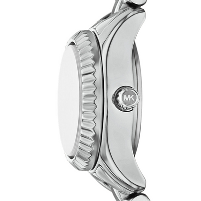 Silver watch with Michael Kors logo on a white background