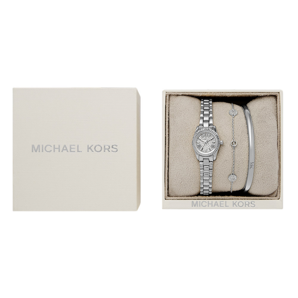 Michael Kors watch and bracelet set in a branded box on a white background
