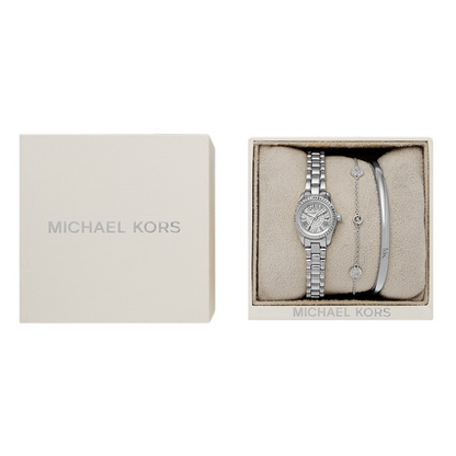 Michael Kors watch and bracelet set in a branded box on a white background