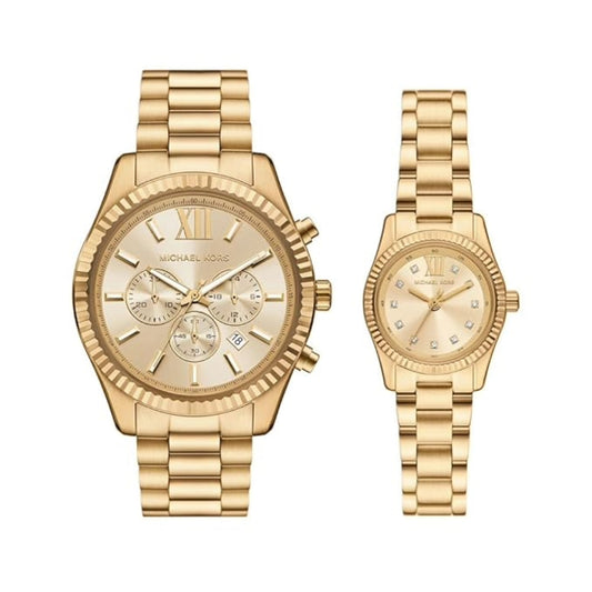Gold watch set with detailed face and bracelet on a white background