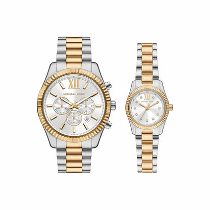 Two Michael Kors watches with two-tone gold and silver straps on a white background