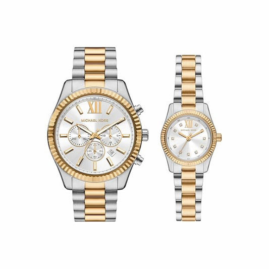 Two Michael Kors watches with two-tone gold and silver straps on a white background