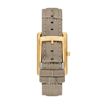 Watch with gray strap and gold buckle on a white background