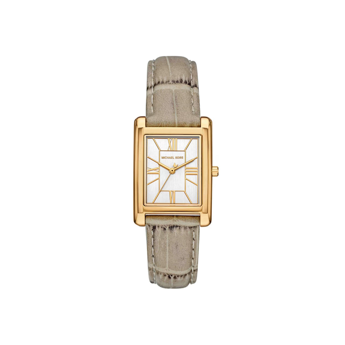 Watch with gold case and beige strap on a white background