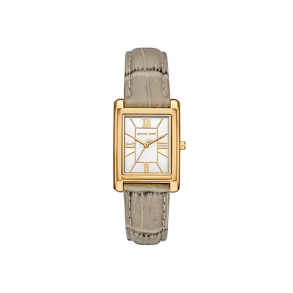 Watch with gold case and beige strap on a white background