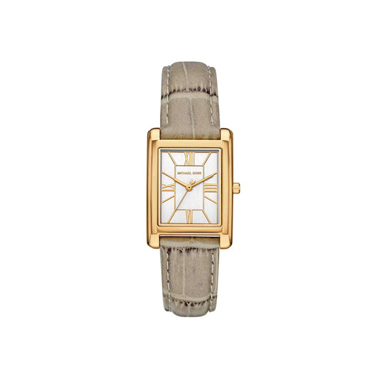Watch with gold case and beige strap on a white background