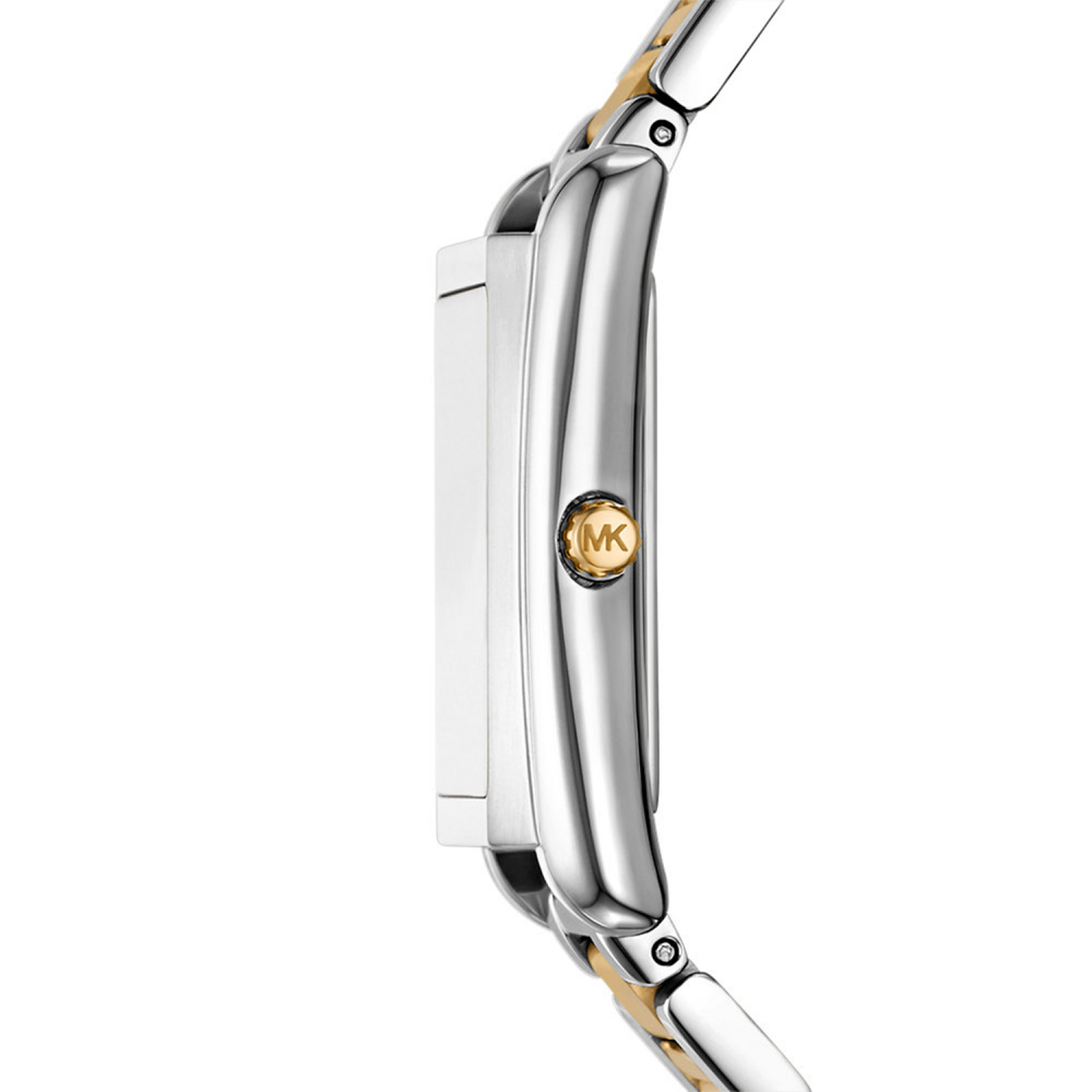 Close-up of a silver watch with a gold accent on a white background