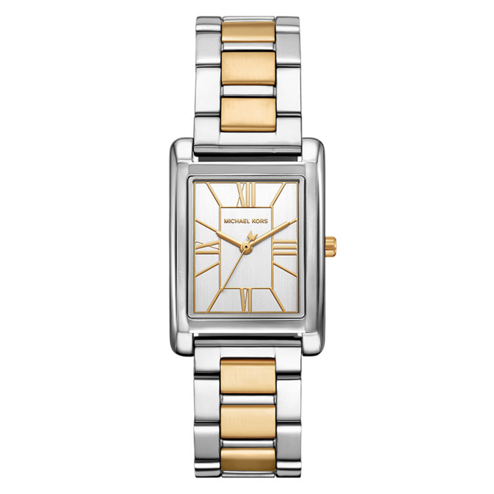 Two-tone watch with silver and gold band on a white background