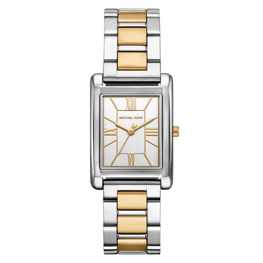 Two-tone watch with silver and gold band on a white background