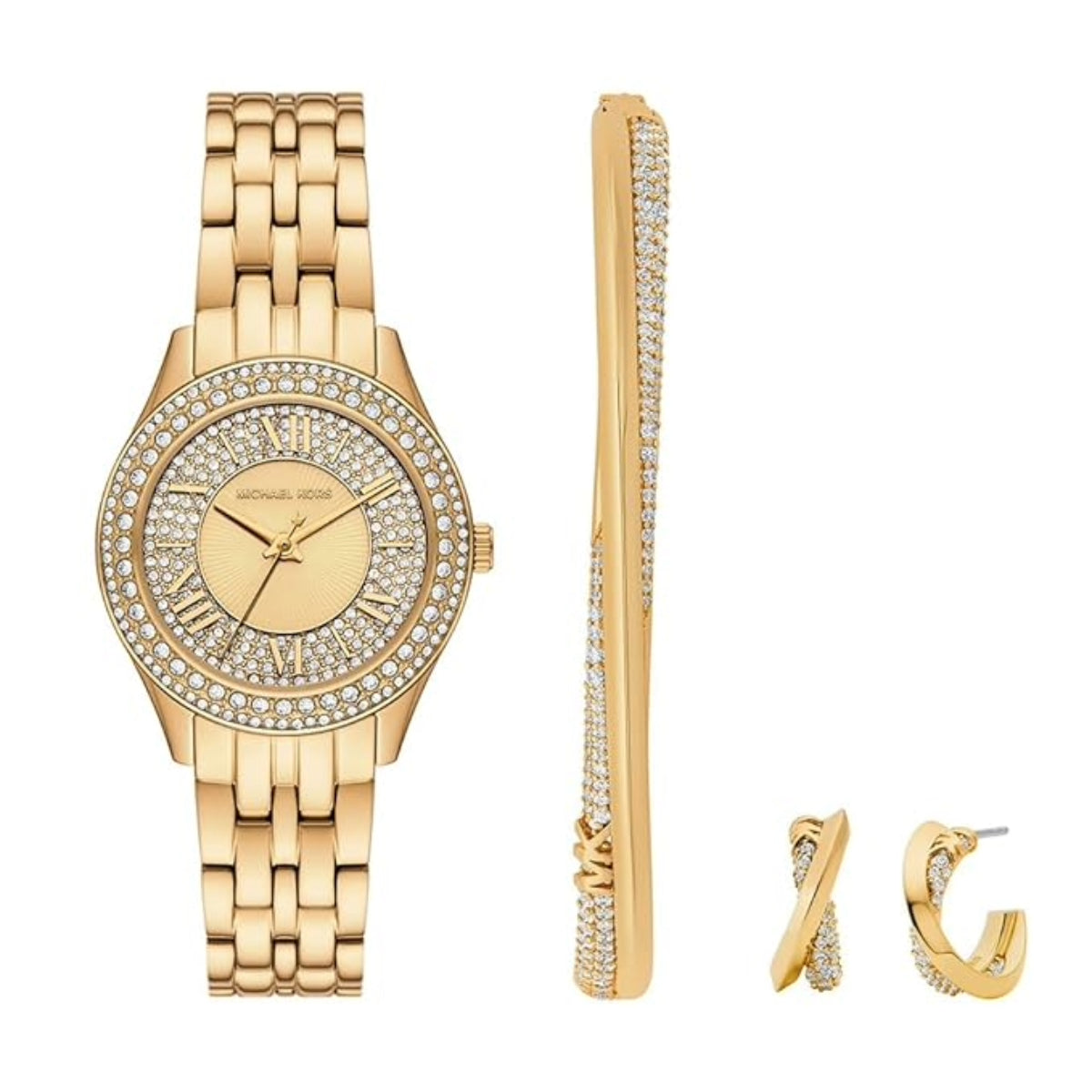 Gold watch, bracelet, and earrings on a white background