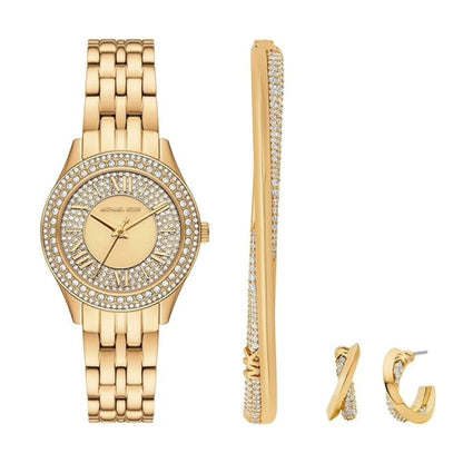 Gold watch, bracelet, and earrings on a white background