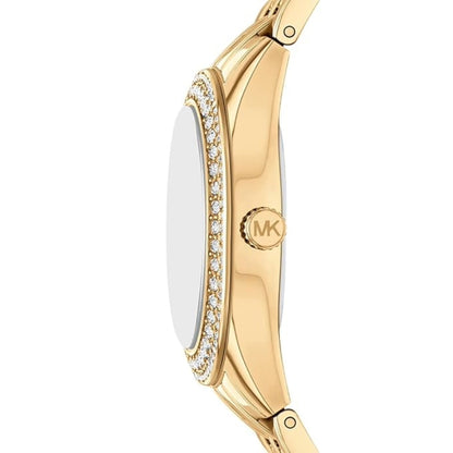 Gold watch with diamond accents on a white background