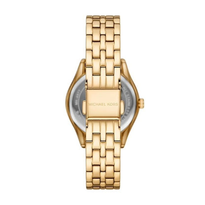 Gold watch with a visible brand logo on a white background