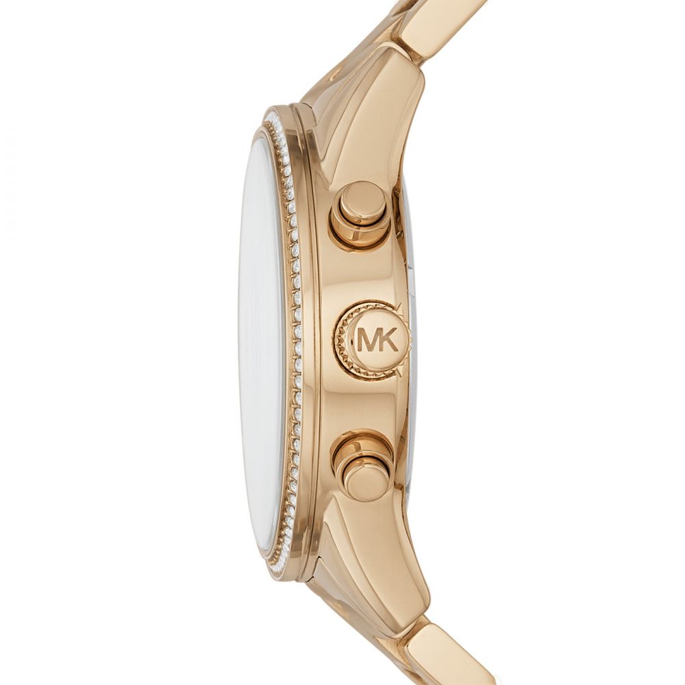 Gold watch with Michael Kors logo on a white background